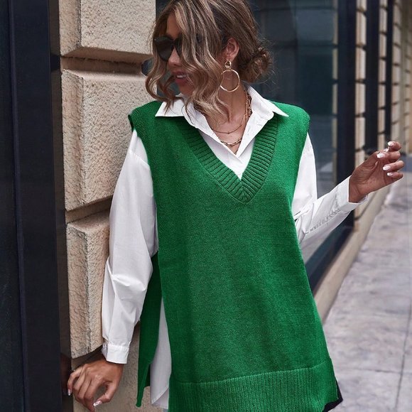 Casual Womens Split Side Sweater Vest Green - Picture 5 of 5